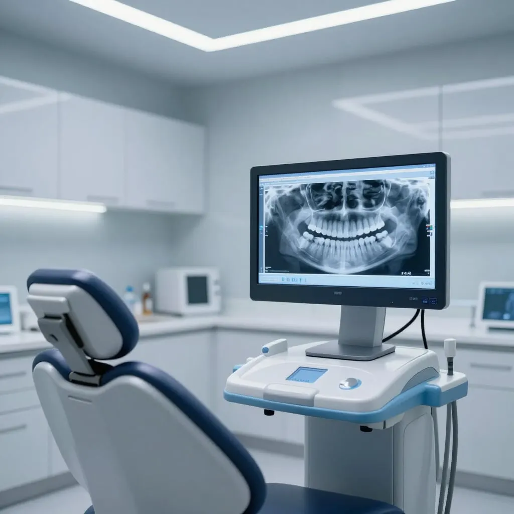 Digital dental radiography display beside a treatment chair